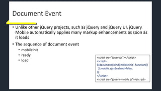 Document Event
• Unlike other jQuery projects, such as jQuery and jQuery UI, jQuery
Mobile automatically applies many markup enhancements as soon as
it loads
• The sequence of document event
• mobileinit
• ready
• load
<script src="jquery.js"></script>
<script>
$(document).bind('mobileinit', function(){
$.mobile.ajaxEnabled=false;
});
</script>
<script src="jquery-mobile.js"></script>
 