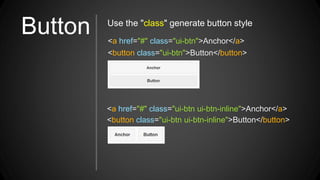 Button <a href="#" class="ui-btn">Anchor</a>
<button class="ui-btn">Button</button>
Use the "class" generate button style
<a href="#" class="ui-btn ui-btn-inline">Anchor</a>
<button class="ui-btn ui-btn-inline">Button</button>
 