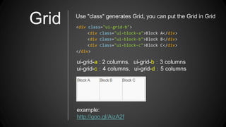 Grid <div class="ui-grid-b">
<div class="ui-block-a">Block A</div>
<div class="ui-block-b">Block B</div>
<div class="ui-block-c">Block C</div>
</div>
Use "class" generates Grid, you can put the Grid in Grid
ui-grid-a : 2 columns，ui-grid-b：3 columns
ui-grid-c：4 columns，ui-grid-d：5 columns
example:
http://goo.gl/AizA2f
 