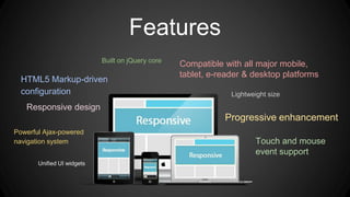 Features
Powerful Ajax-powered
navigation system
HTML5 Markup-driven
configuration
Built on jQuery core
Responsive design
Progressive enhancement
Touch and mouse
event support
Lightweight size
Compatible with all major mobile,
tablet, e-reader & desktop platforms
Unified UI widgets
 
