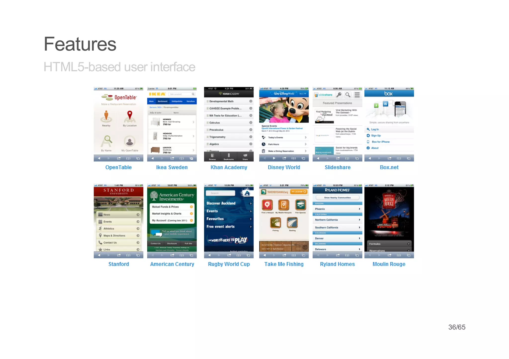 Features
HTML5-based user interface




                             36/65
 