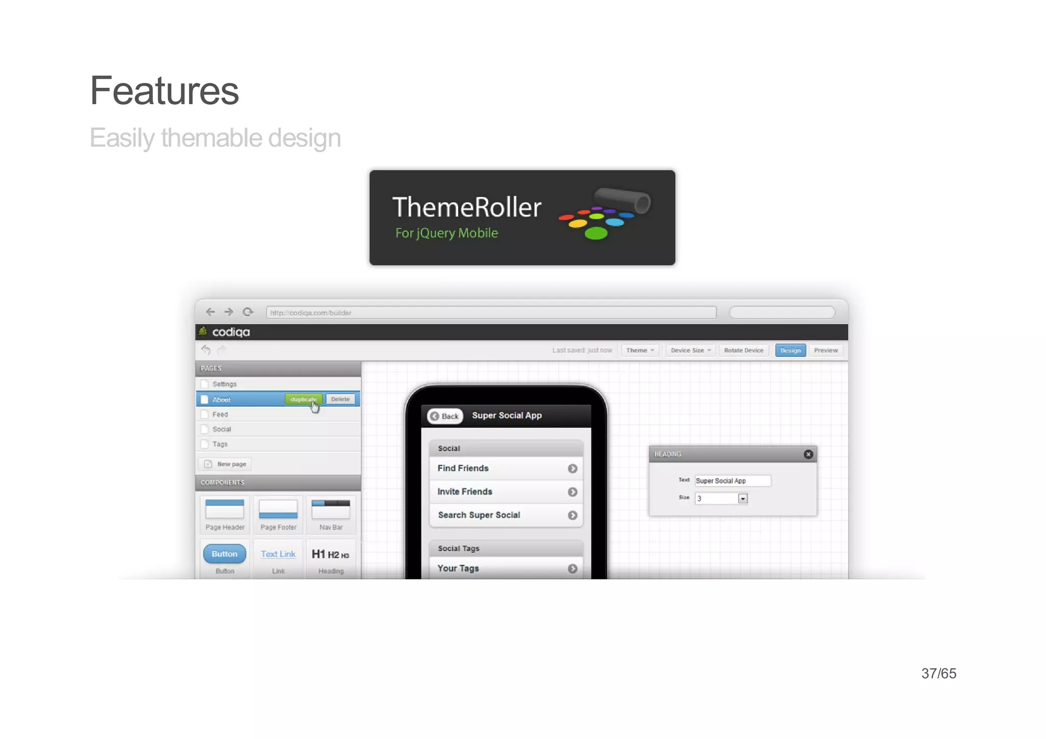 Features
Easily themable design




                         37/65
 