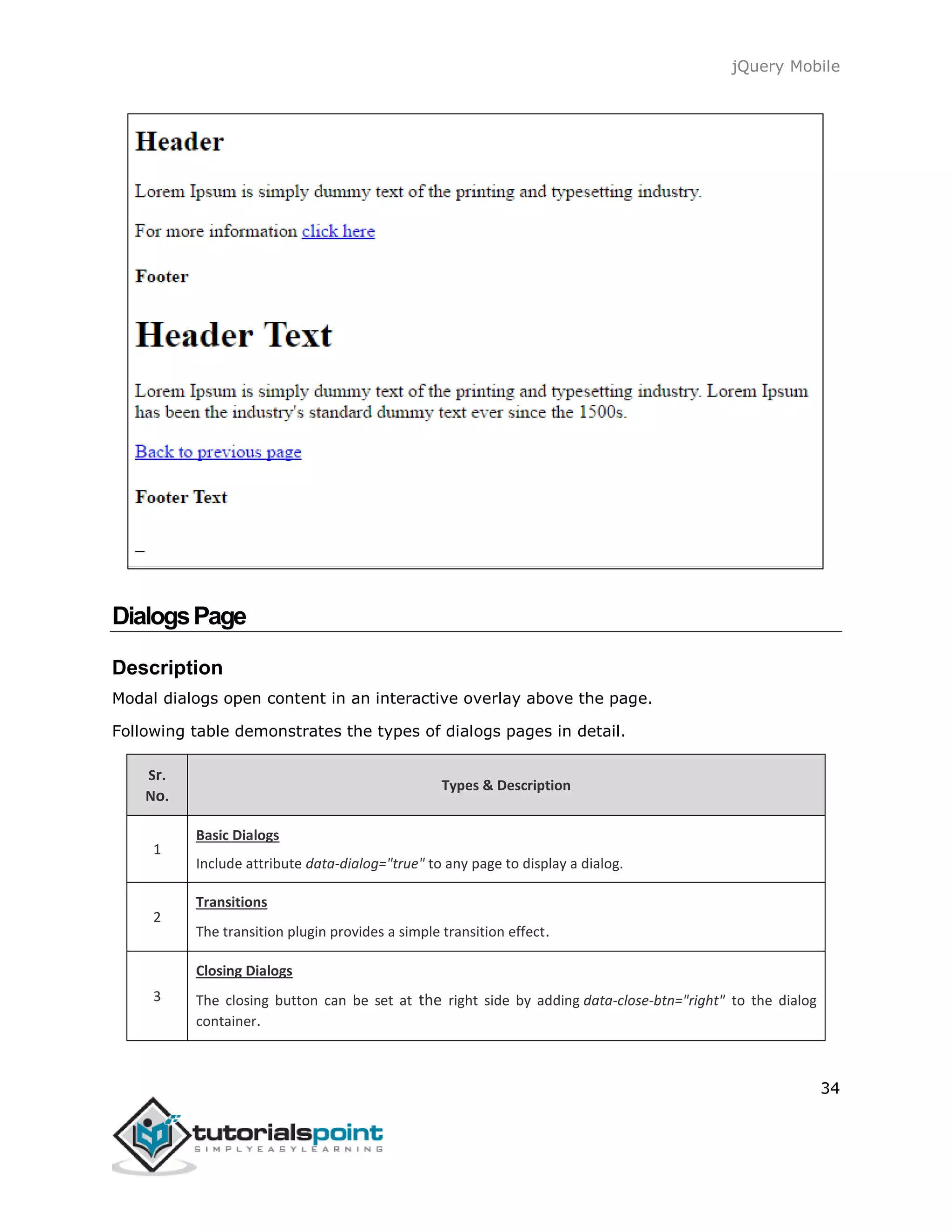 jQuery Mobile
34
DialogsPage
Description
Modal dialogs open content in an interactive overlay above the page.
Following table demonstrates the types of dialogs pages in detail.
Sr.
No.
Types & Description
1
Basic Dialogs
Include attribute data-dialog="true" to any page to display a dialog.
2
Transitions
The transition plugin provides a simple transition effect.
3
Closing Dialogs
The closing button can be set at the right side by adding data-close-btn="right" to the dialog
container.
 