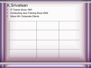 K.Srivatsan
•
•
•

IT Trainer Since 1991
Conducting Java Training Since 2004
About 40+ Corporate Clients

 