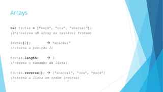Arrays
var frutas = [“maçã”, “uva”, “abacaxi”];
(Inicializa um array na variável frutas)
frutas[2];  “abacaxi”
(Retorna a posição 2)
frutas.length;  3
(Retorna o tamanho da lista)
frutas.reverse();  [“abacaxi”, “uva”, “maçã”]
(Retorna a lista em ordem inversa)
 