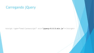 Carregando jQuery
<script type=“text/javascript” src=“jquery-X.X.X.min.js”></script>
 