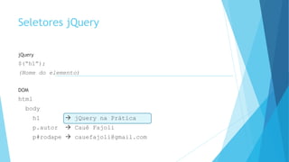Seletores jQuery
jQuery
$(“h1”);
(Nome do elemento)
DOM
html
body
h1  jQuery na Prática
p.autor  Cauê Fajoli
p#rodape  cauefajoli@gmail.com
 