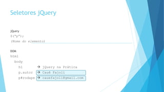 Seletores jQuery
jQuery
$(“p”);
(Nome do elemento)
DOM
html
body
h1  jQuery na Prática
p.autor  Cauê Fajoli
p#rodape  cauefajoli@gmail.com
 