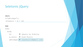 Seletores jQuery
jQuery
$(“p#rodape”);
(Elemento + # + Id)
DOM
html
body
h1  jQuery na Prática
p.autor  Cauê Fajoli
p#rodape  cauefajoli@gmail.com
 