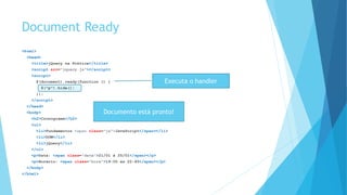 Document Ready
<html>
<head>
<title>jQuery na Prática</title>
<script src=“jquery.js”></script>
<script>
$(document).ready(function () {
$(“p”).hide();
});
</script>
</head>
<body>
<h2>Cronograma</h2>
<ul>
<li>Fundamentos <span class=“js”>JavaScript</span></li>
<li>DOM</li>
<li>jQuery</li>
</ul>
<p>Data: <span class=“data”>21/01 à 25/01</span></p>
<p>Horário: <span class=“hora”>19:00 às 22:40</span></p>
</body>
</html>
Documento está pronto!
Executa o handler
 
