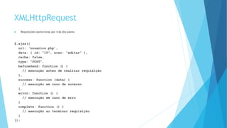 XMLHttpRequest
 Requisições assíncronas por trás dos panos
$.ajax({
url: ‘usuarios.php’,
data: { id: “10”, acao: “editar” },
cache: false,
type: “POST”,
beforeSend: function () {
// execução antes de realizar requisição
},
success: function (data) {
// execução em caso de sucesso
},
error: function () {
// execução em caso de erro
}
complete: function () {
// execução ao terminar requisição
}
});
 