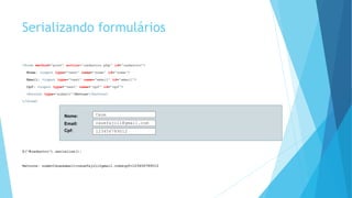 Serializando formulários
<form method=“post” action=“cadastro.php” id=“cadastro”>
Nome: <input type=“text” name=“nome” id=“nome”>
Email: <input type=“text” name=“email” id=“email”>
Cpf: <input type=“text” name=“cpf” id=“cpf”>
<button type=“submit”>Enviar</button>
</form>
$(“#cadastro”).serialize();
Retorna: nome=Caue&email=cauefajoli@gmail.com&cpf=123456789012
Caue
cauefajoli@gmail.com
123456789012
Nome:
Email:
Cpf:
 