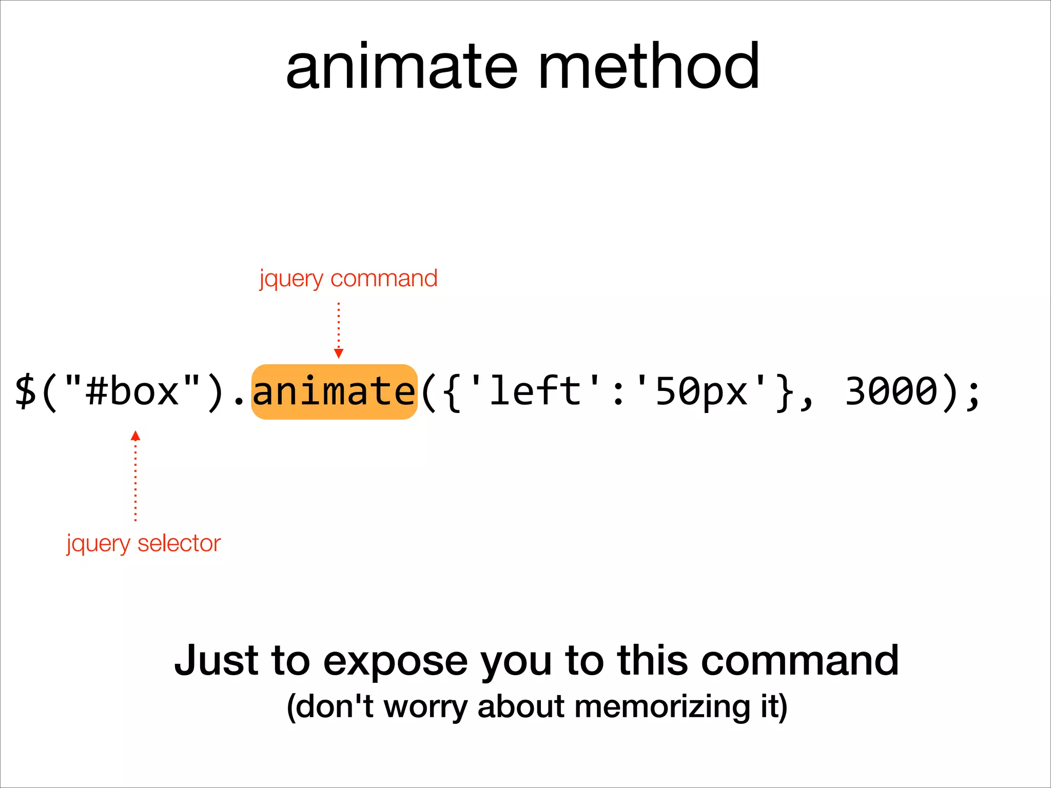 animate method
jquery command

$("#box").animate({'left':'50px'},	
  3000);

jquery selector

Just to expose you to this command
(don't worry about memorizing it)

 