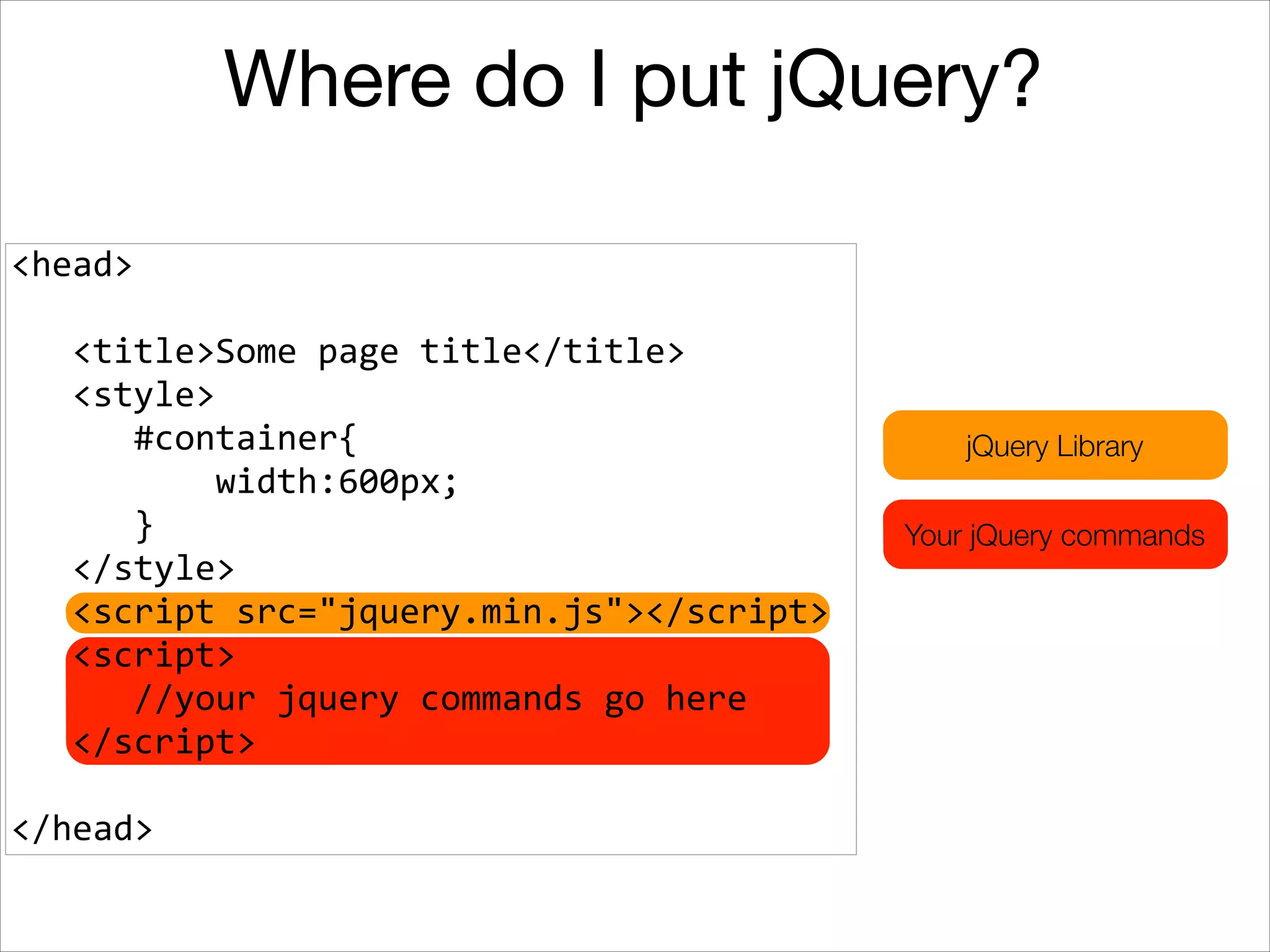 Where do I put jQuery?
<head>	
  
!

	
  	
  	
  <title>Some	
  page	
  title</title>	
  
	
  	
  	
  <style>	
  
	
  	
  	
  	
  	
  	
  #container{	
  
	
  	
  	
  	
  	
  	
  	
  	
  	
  	
  width:600px;	
  
	
  	
  	
  	
  	
  	
  }	
  
	
  	
  	
  </style>	
  
	
  	
  	
  <script	
  src="jquery.min.js"></script>	
  
	
  	
  	
  <script>	
  
	
  	
  	
  	
  	
  	
  //your	
  jquery	
  commands	
  go	
  here	
  
	
  	
  	
  </script>	
  
!

</head>

jQuery Library
Your jQuery commands

 