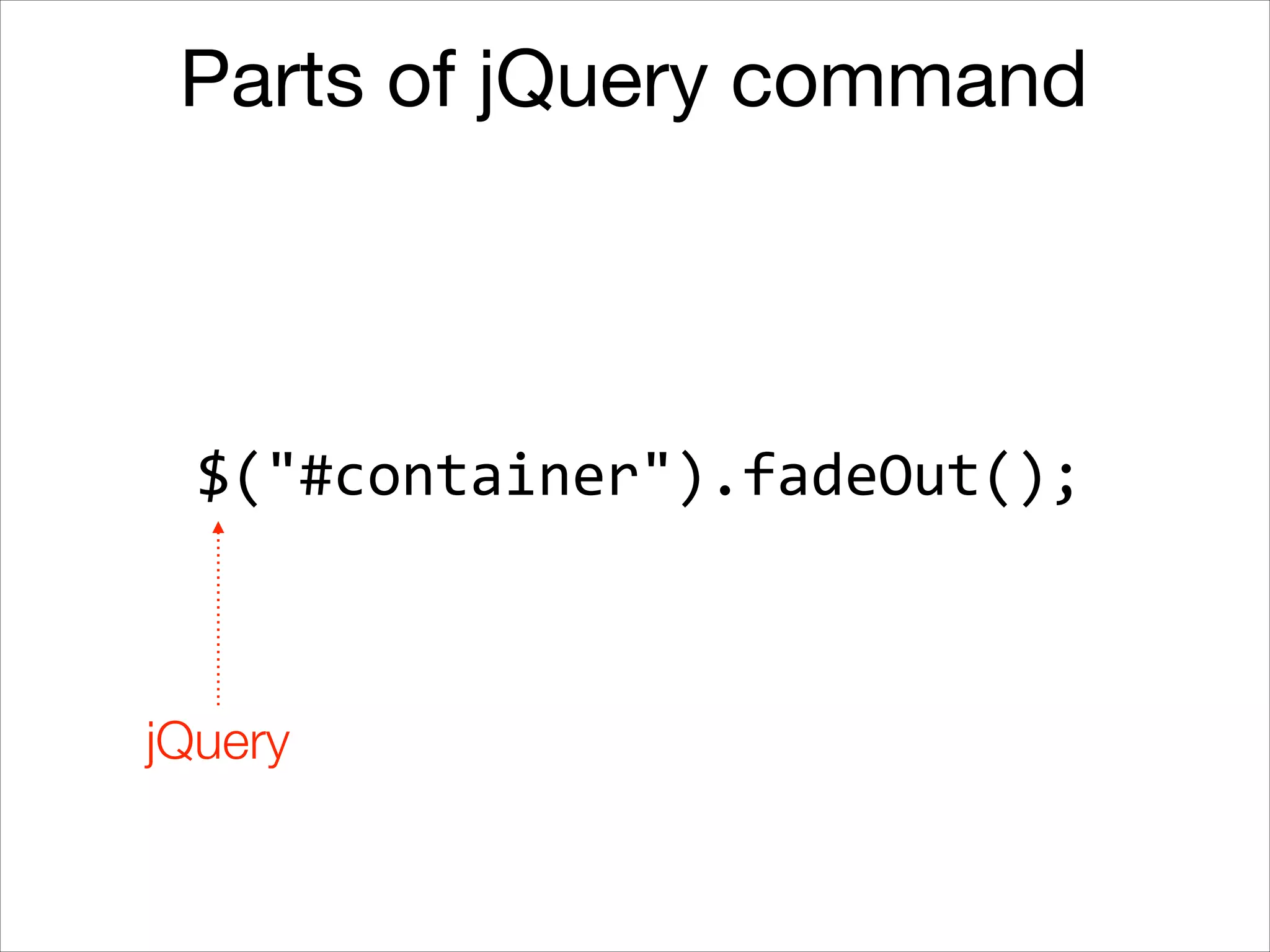Parts of jQuery command

$("#container").fadeOut();

jQuery

 
