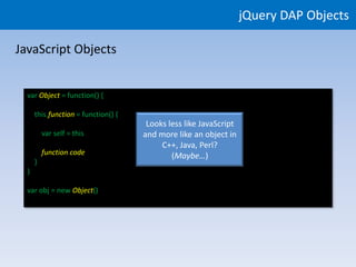 jQuery DAP Objects

JavaScript Objects


  var Object = function() {

      this.function = function() {
                                      Looks less like JavaScript
          var self = this            and more like an object in
                                          C++, Java, Perl?
          function code                      (Maybe…)
      }
  }

  var obj = new Object()
 