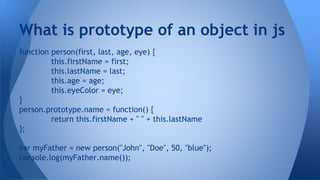 function person(first, last, age, eye) {
this.firstName = first;
this.lastName = last;
this.age = age;
this.eyeColor = eye;
}
person.prototype.name = function() {
return this.firstName + " " + this.lastName
};
var myFather = new person("John", "Doe", 50, "blue");
console.log(myFather.name());
What is prototype of an object in js
 