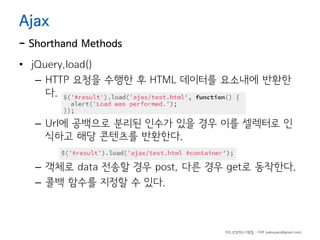 Ajax

- Shorthand Methods
• jQuery.load()
– HTTP 요청을 수행한 후 HTML 데이터를 요소내에 반환한
다.
– Url에 공백으로 분리된 인수가 있을 경우 이를 셀렉터로 인
식하고 해당 콘텐츠를 반환한다.
– 객체로 data 전송할 경우 post, 다른 경우 get로 동작한다.
– 콜백 함수를 지정할 수 있다.

하드코딩하는사람들 - 야쿠 (yakuyaku@gmail.com)

 
