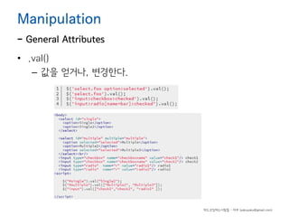 Manipulation

- General Attributes
• .val()
– 값을 얻거나, 변경한다.

하드코딩하는사람들 - 야쿠 (yakuyaku@gmail.com)

 
