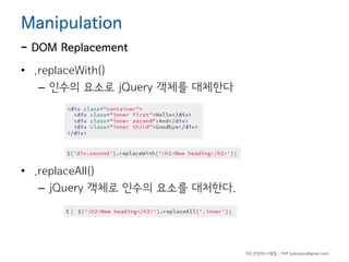 Manipulation

- DOM Replacement
• .replaceWith()
– 인수의 요소로 jQuery 객체를 대체한다

• .replaceAll()
– jQuery 객체로 인수의 요소를 대처한다.

하드코딩하는사람들 - 야쿠 (yakuyaku@gmail.com)

 