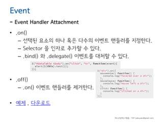 Event

- Event Handler Attachment
• .on()
– 선택된 요소의 하나 혹은 다수의 이벤트 핸들러를 지정한다.
– Selector 을 인자로 추가할 수 있다.
– .bind() 와 .delegate() 이벤트를 대처할 수 있다.

• .off()
– .on() 이벤트 핸들러를 제거한다.
• 예제 , 다운로드
하드코딩하는사람들 - 야쿠 (yakuyaku@gmail.com)

 