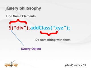 jQuery philosophy
Find Some Elements
  {
 $(“div”).addClass(“xyz”);

                     }
                  Do something with them

         jQuery Object




                                    phpXperts - 09
 
