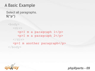 A Basic Example
Select all paragraphs.
$(“p”)

 <body>
    <div>
      <p>I m a paragraph 1</p>
      <p>I m a paragraph 2</p>
    </div>
    <p>I m another paragraph</p>
 </body>




                                   phpXperts - 09
 