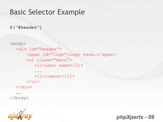 Basic Selector Example
$(“#header”)


<body>
  <div id=“header”>
      <span id=“logo”>Logo here…</span>
      <ul class=“menu”>
         <li>user name</li>
         …..
         <li>logout</li>
      </ul>
  </div>
  ……
</body>



                                          phpXperts - 09
 