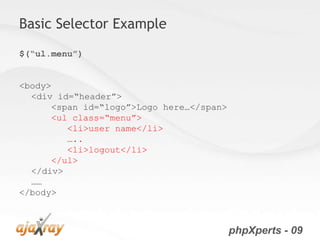 Basic Selector Example
$(“ul.menu”)


<body>
  <div id=“header”>
      <span id=“logo”>Logo here…</span>
      <ul class=“menu”>
         <li>user name</li>
         …..
         <li>logout</li>
      </ul>
  </div>
  ……
</body>



                                          phpXperts - 09
 