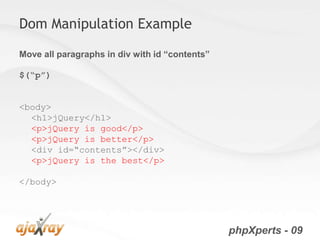Dom Manipulation Example

Move all paragraphs in div with id “contents”

$(“p”)


<body>
  <h1>jQuery</h1>
  <p>jQuery is good</p>
  <p>jQuery is better</p>
  <div id=“contents”></div>
  <p>jQuery is the best</p>

</body>




                                                phpXperts - 09
 