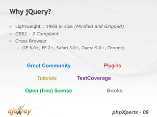Why jQuery?

 Lightweight : 19KB in size (Minified and Gzipped)
 CSS1 - 3 Complaint
 Cross Browser
     (IE 6.0+, FF 2+, Safari 3.0+, Opera 9.0+, Chrome)



        Great Community                      Plugins

             Tutorials          TestCoverage

       Open (free) license                    Books



                                                 phpXperts - 09
 