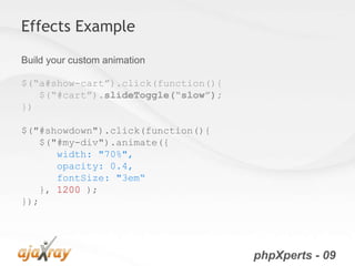 Effects Example

Build your custom animation

$(“a#show-cart”).click(function(){
   $(“#cart”).slideToggle(“slow”);
})

$("#showdown").click(function(){
   $("#my-div").animate({
      width: "70%",
      opacity: 0.4,
      fontSize: "3em“
   }, 1200 );
});




                                     phpXperts - 09
 