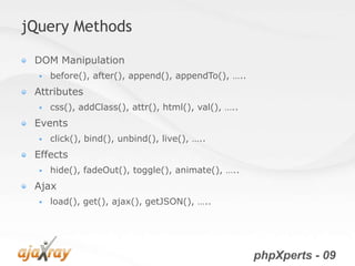 jQuery Methods

 DOM Manipulation
     before(), after(), append(), appendTo(), …..
 Attributes
     css(), addClass(), attr(), html(), val(), …..
 Events
     click(), bind(), unbind(), live(), …..
 Effects
     hide(), fadeOut(), toggle(), animate(), …..
 Ajax
     load(), get(), ajax(), getJSON(), …..




                                                      phpXperts - 09
 