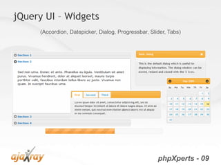 jQuery UI – Widgets
     (Accordion, Datepicker, Dialog, Progressbar, Slider, Tabs)




                                                     phpXperts - 09
 