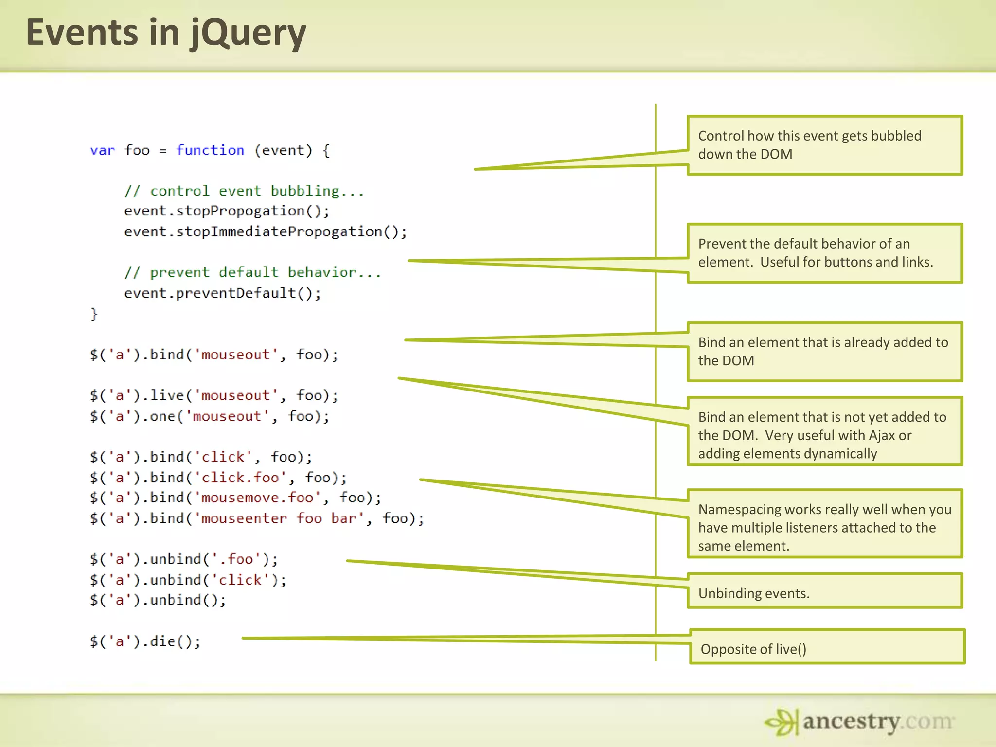 Events in jQueryControl how this event gets bubbled down the DOMPrevent the default behavior of an element.  Useful for buttons and links.Bind an element that is already added to the DOMBind an element that is not yet added to the DOM.  Very useful with Ajax or adding elements dynamicallyNamespacing works really well when you have multiple listeners attached to the same element.Unbinding events.Opposite of live()