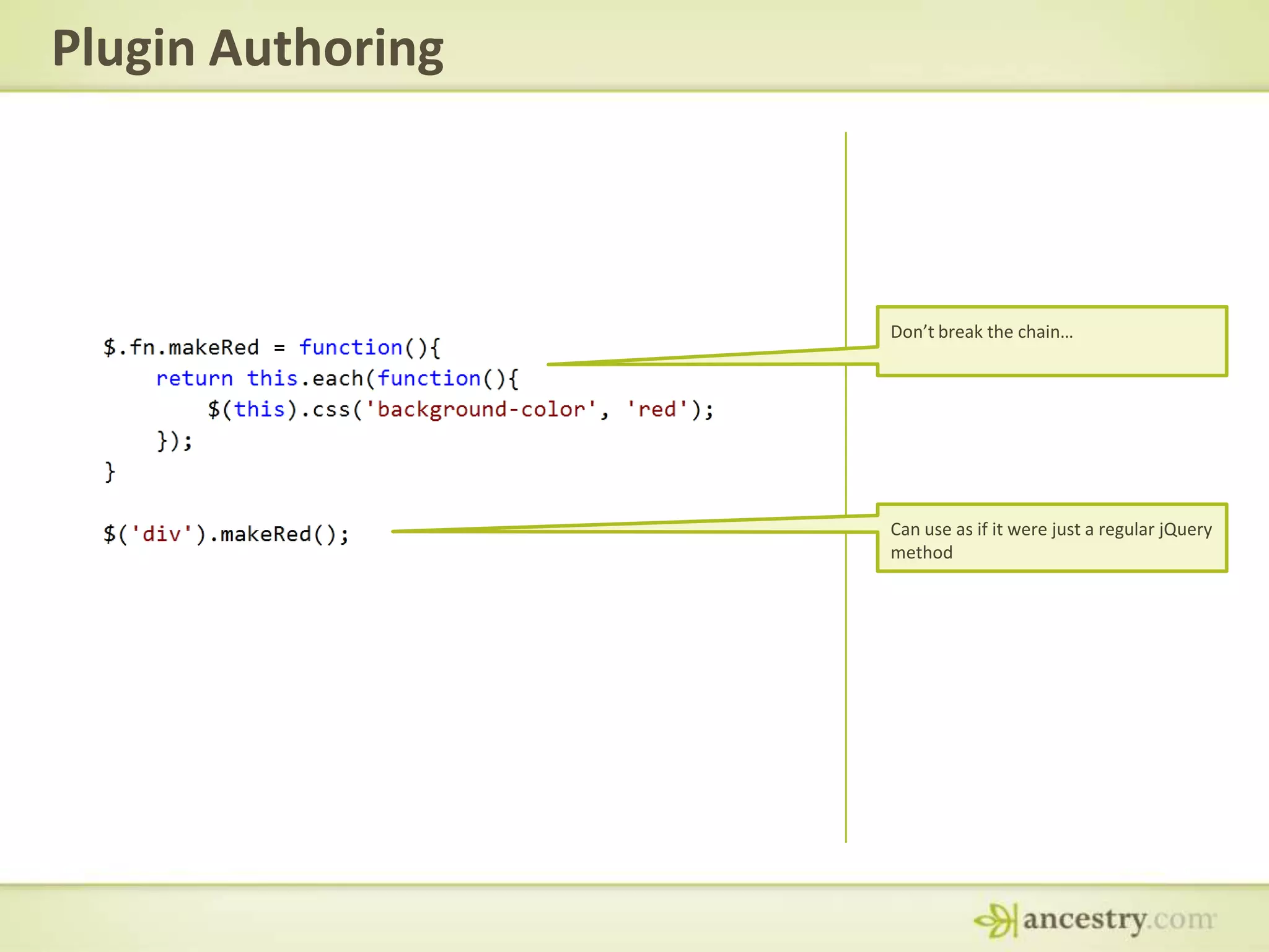 Plugin AuthoringDon’t break the chain…Can use as if it were just a regular jQuery method