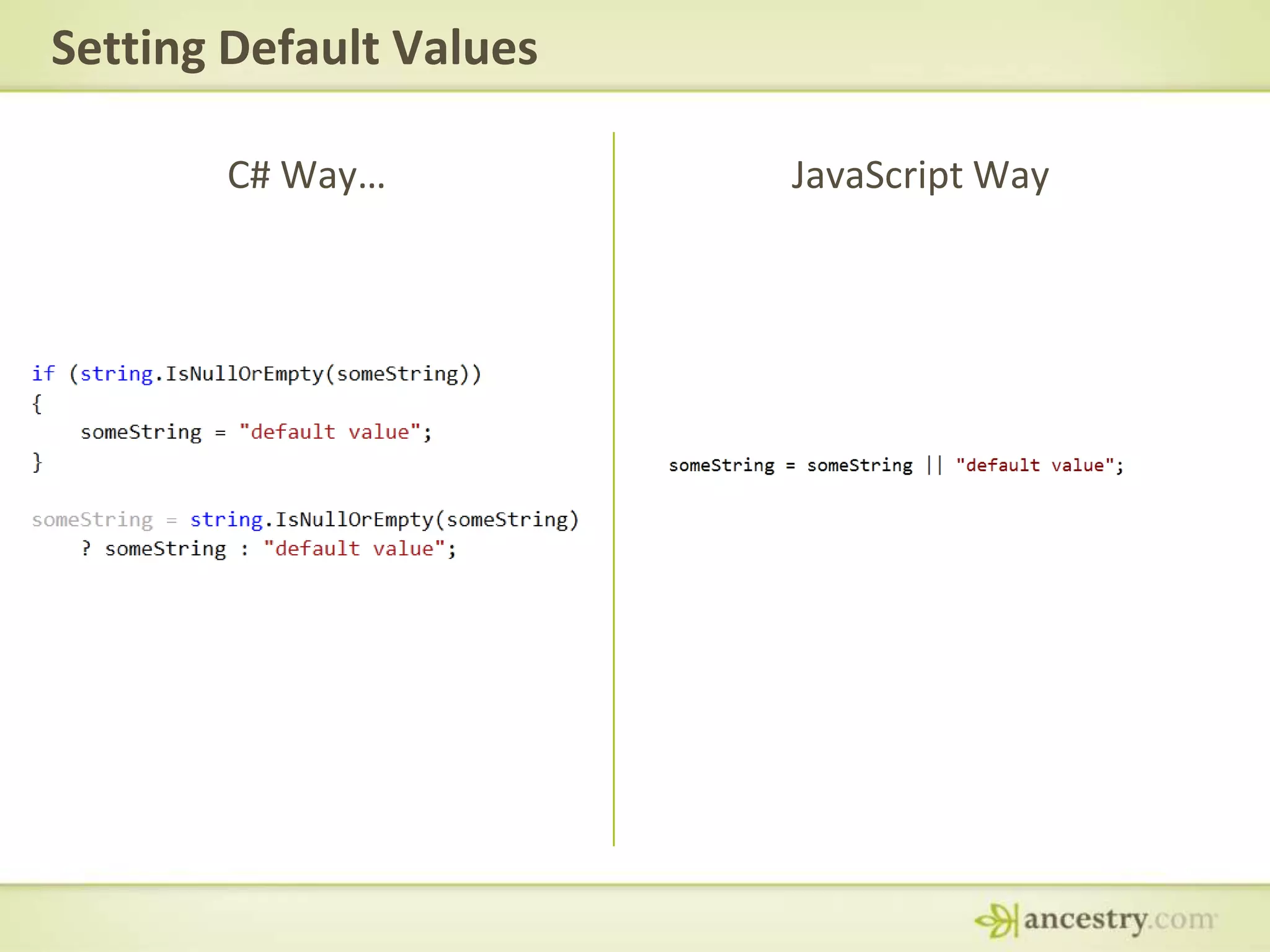Setting Default ValuesC# Way…JavaScript Way