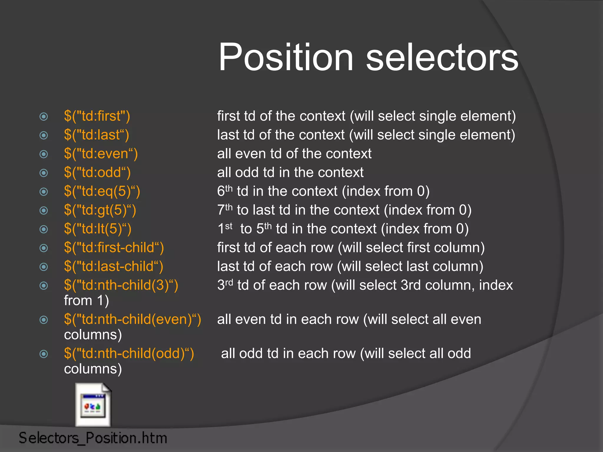 SelectorsUsed to select element(s) from DOM based on “selection criteria”Gets us “wrapped set” of matching elements$( selector, <context>)selector defines the matching criteriaContext is optional parameter to restrict are where to match and is a selector in itself. By default, context is the entire documentVarious types of selectorsCSSChild, Attributes, ContainerPositionCustom$(“img”) – will select all images in the DOM$(“img”, “#containerDiv”) – will select all images present in the element by name containerDiv