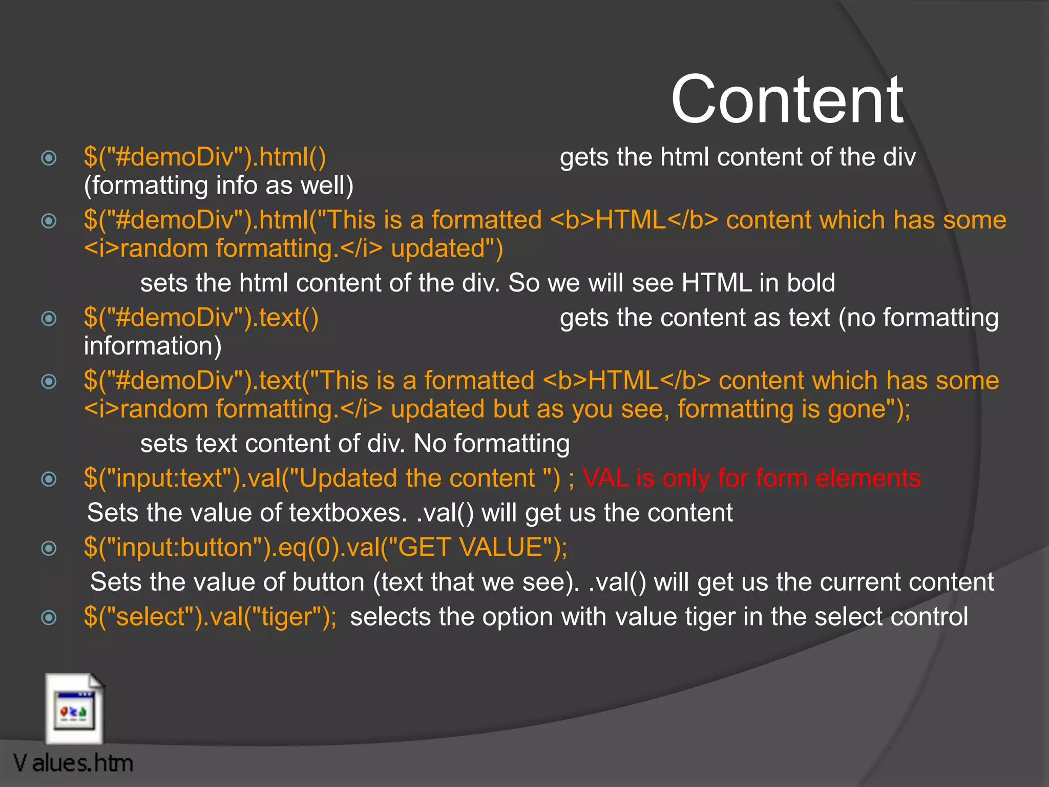 .each()each(iterator)	Traverses all elements in the matched set invoking the passed iterator function for each.iterator (Function) A function called for each element in the matched set. The parameter passed to this function is set to the zero-based index of the element within the set, and the element itself is available as the this property of the function.Returns wrapped set (important for chaining)$('img').each(function(n){	this.alt='This is image['+n+'] with an id of '+this.id;});