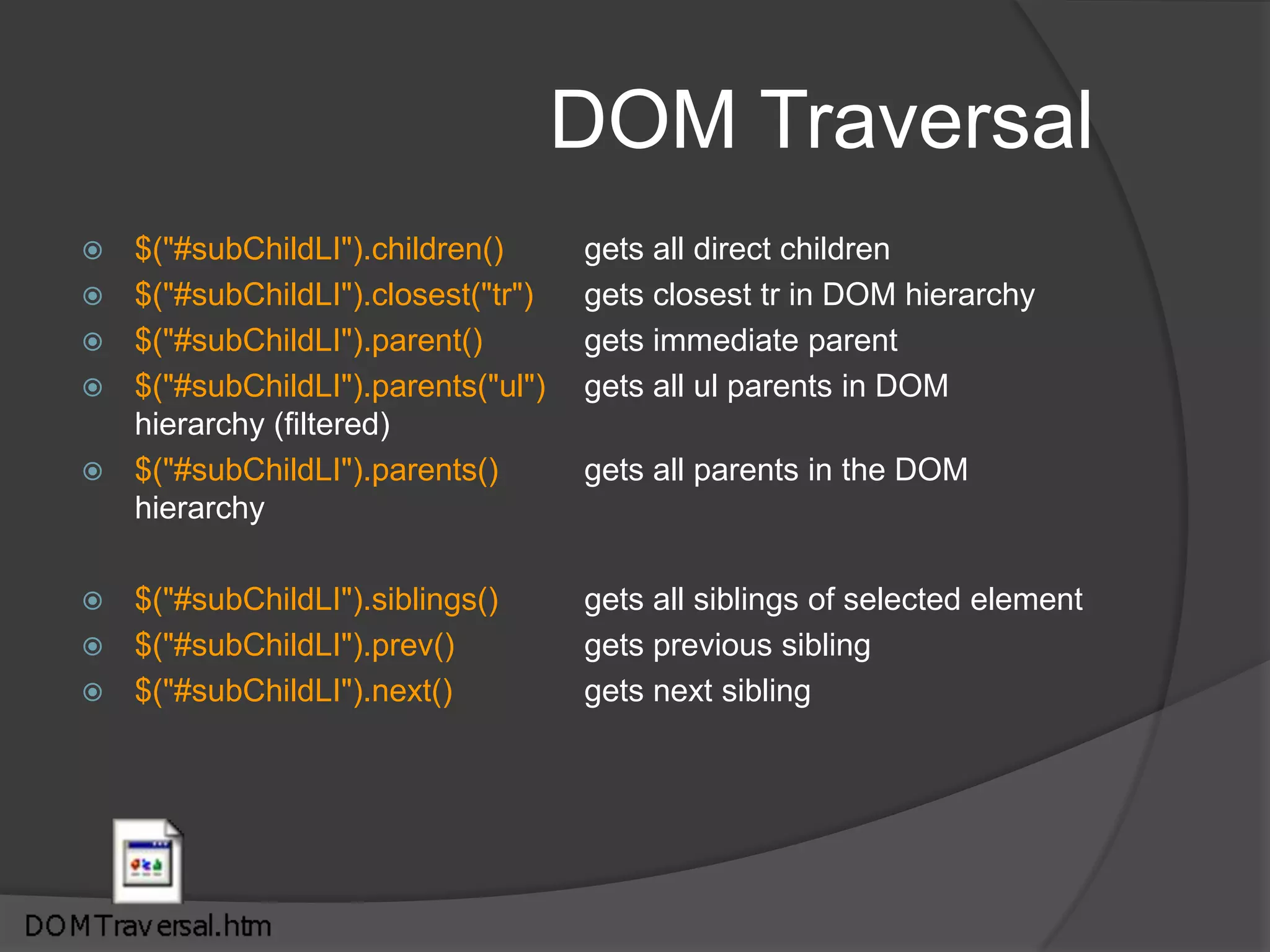 Content$("#demoDiv").html()			gets the html content of the div (formatting info as well)$("#demoDiv").html("This is a formatted <b>HTML</b> content which has some <i>random formatting.</i> updated")sets the html content of the div. So we will see HTML in bold$("#demoDiv").text()			gets the content as text (no formatting information)$("#demoDiv").text("This is a formatted <b>HTML</b> content which has some <i>random formatting.</i> updated but as you see, formatting is gone");		sets text content of div. No formatting$("input:text").val("Updated the content ") ; VAL is only for form elementsSets the value of textboxes. .val() will get us the content$("input:button").eq(0).val("GET VALUE");Sets the value of button (text that we see). .val() will get us the current content$("select").val("tiger");	selects the option with value tiger in the select control