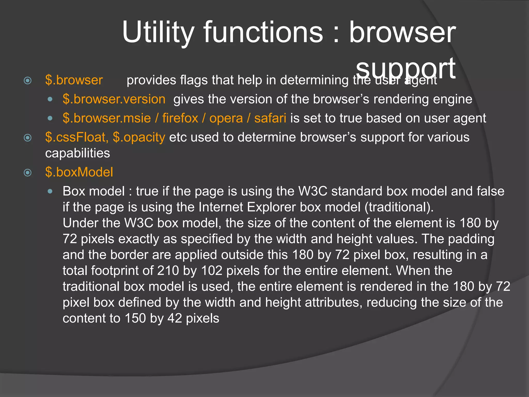 Modifying the DOM tree$("#coffee").append("<li>" + $("#drinkName").val() + "</li>")<li id="coffee">Coffee</li> becomes <li id="coffee">Coffee<li>test</li></li>$("#coffee").prepend("<li>" + $("#drinkName").val() + "</li>");<li id="coffee">Coffee</li> becomes <li id="coffee"><li>test</li>Coffee</li>$("#coffee").after("<li>" + $("#drinkName").val() + "</li>"); <li id="coffee">Coffee</li> becomes <li id="coffee">Coffee</li> <li>Test</li> $("#coffee").before("<li>" + $("#drinkName").val() + "</li>"); <li id="coffee">Coffee</li> becomes <li>Test</li> <li id="coffee">Coffee</li>$("#blackTea").remove();removes the element from DOM$("#tea").clone().appendTo("#milk") clones tea and appends to milk$("#tea").wrap("<div></div>") adds a wrapper div element over tea (<div><li id="tea">Tea</li></div>)