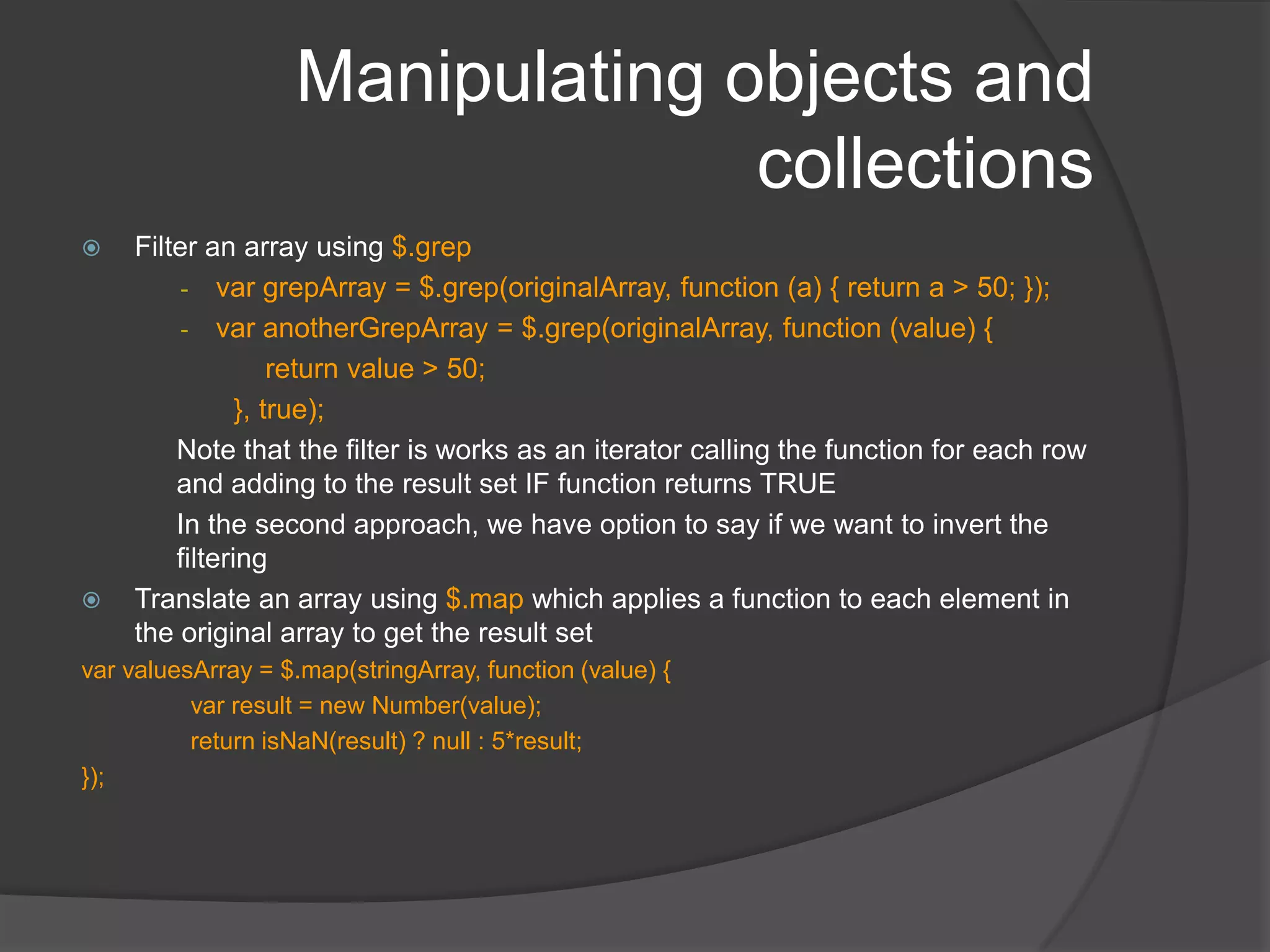 Utility functions : browser support$.browser	provides flags that help in determining the user agent$.browser.versiongives the version of the browser’s rendering engine$.browser.msie / firefox / opera / safari is set to true based on user agent$.cssFloat, $.opacity etc used to determine browser’s support for various capabilities$.boxModelBox model : true if the page is using the W3C standard box model and false if the page is using the Internet Explorer box model (traditional). Under the W3C box model, the size of the content of the element is 180 by 72 pixels exactly as specified by the width and height values. The padding and the border are applied outside this 180 by 72 pixel box, resulting in a total footprint of 210 by 102 pixels for the entire element. When the traditional box model is used, the entire element is rendered in the 180 by 72 pixel box defined by the width and height attributes, reducing the size of the content to 150 by 42 pixels