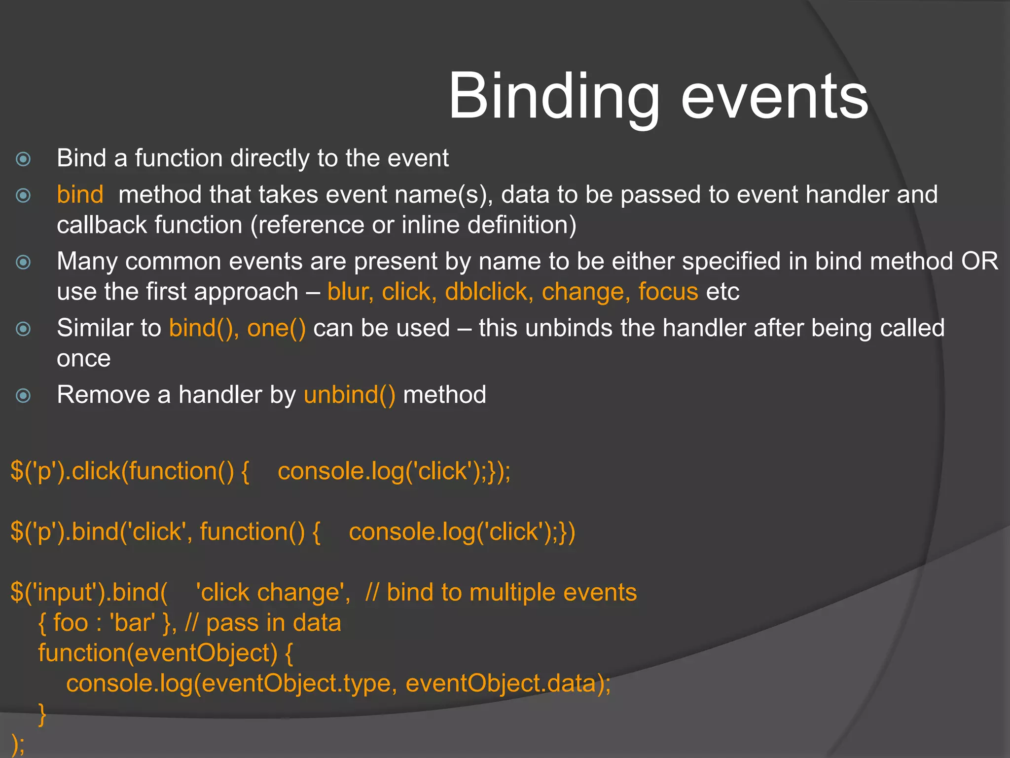 varanotherGrepArray = $.grep(originalArray, function (value) {                return value > 50;            }, true); 	Note that the filter is works as an iterator calling the function for each row and adding to the result set IF function returns TRUE	In the second approach, we have option to say if we want to invert the filteringTranslate an array using $.map which applies a function to each element in the original array to get the result setvarvaluesArray = $.map(stringArray, function (value) {var result = new Number(value);                return isNaN(result) ? null : 5*result;});