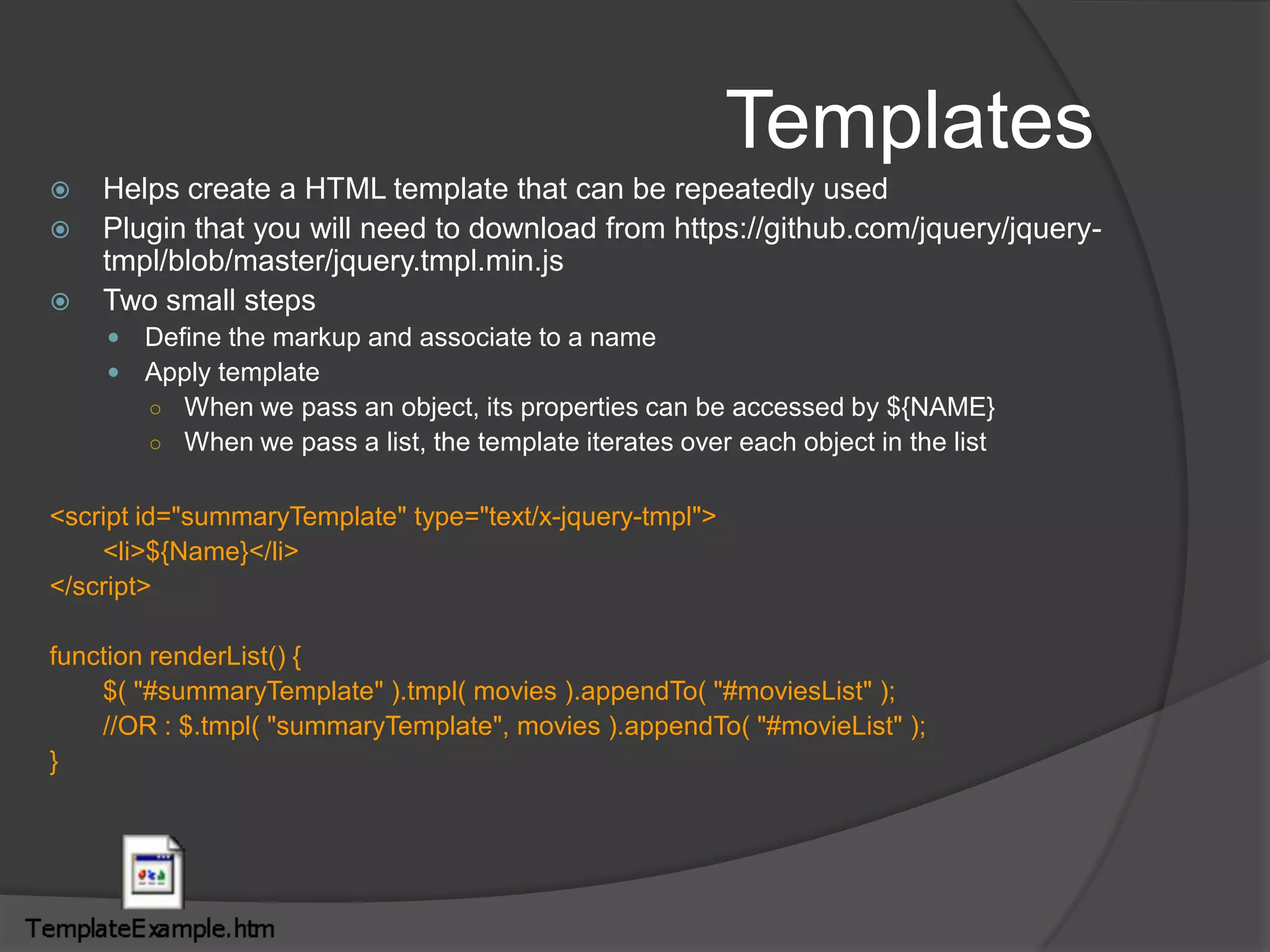 Creating custom effectsanimate(properties, speed) can be used to make custom effectsProperties is an object specifying the target values for various css propertiesSpeed specifies the time needed to reach this target stateAdditionally, we can specify callback as well$('.animateMe').each(function(){$(this).animate({width: $(this).width() * 2,height: $(this).height() * 2},	2000);});