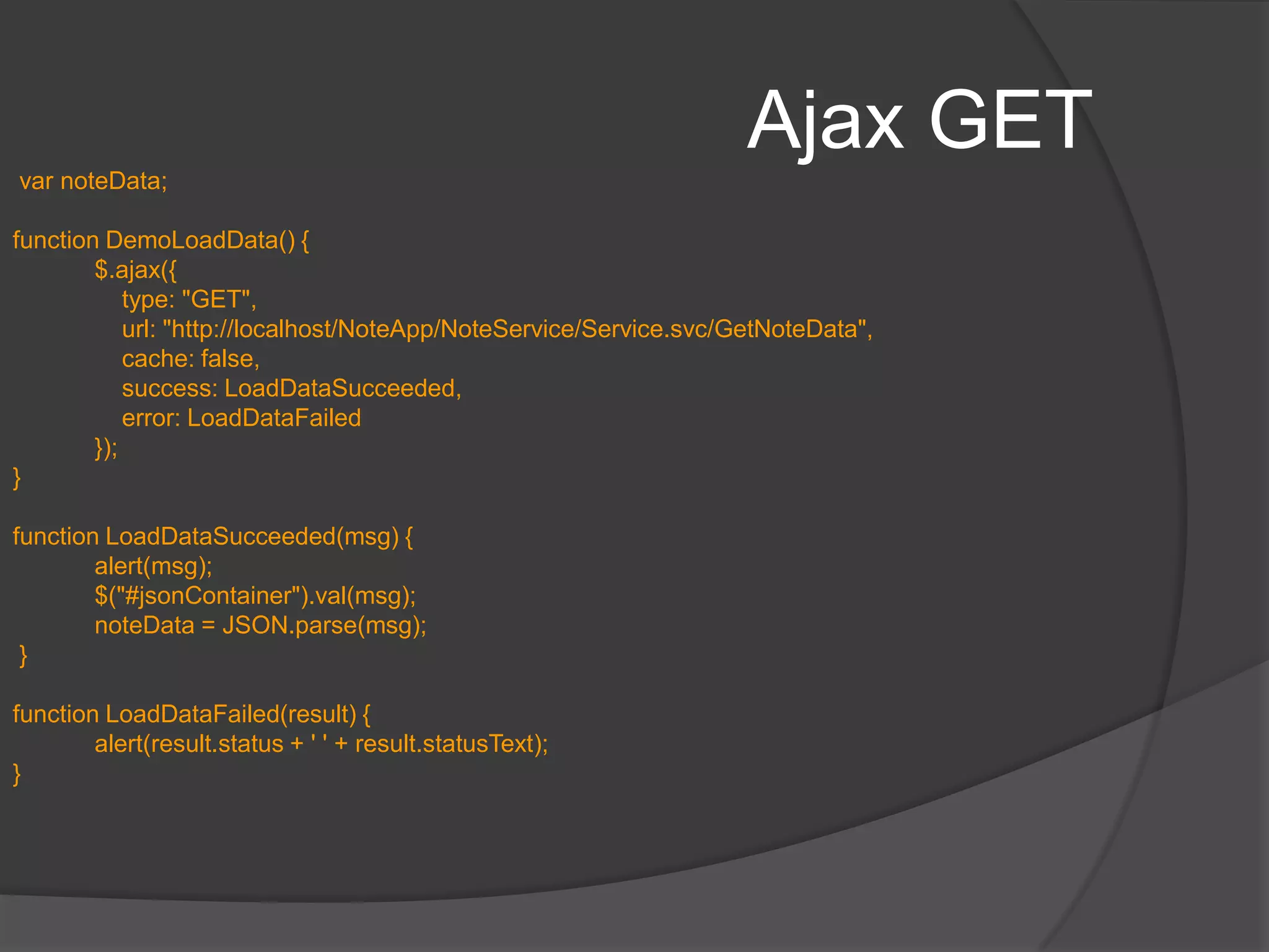 Binding eventsBind a function directly to the eventbind  method that takes event name(s), data to be passed to event handler and callback function (reference or inline definition)Many common events are present by name to be either specified in bind method OR use the first approach – blur, click, dblclick, change, focus etcSimilar to bind(), one() can be used – this unbinds the handler after being called onceRemove a handler by unbind() method$('p').click(function() {    console.log('click');});$('p').bind('click', function() {    console.log('click');})$('input').bind(    'click change',  // bind to multiple events    { foo : 'bar' }, // pass in data    function(eventObject) {        console.log(eventObject.type, eventObject.data);    });