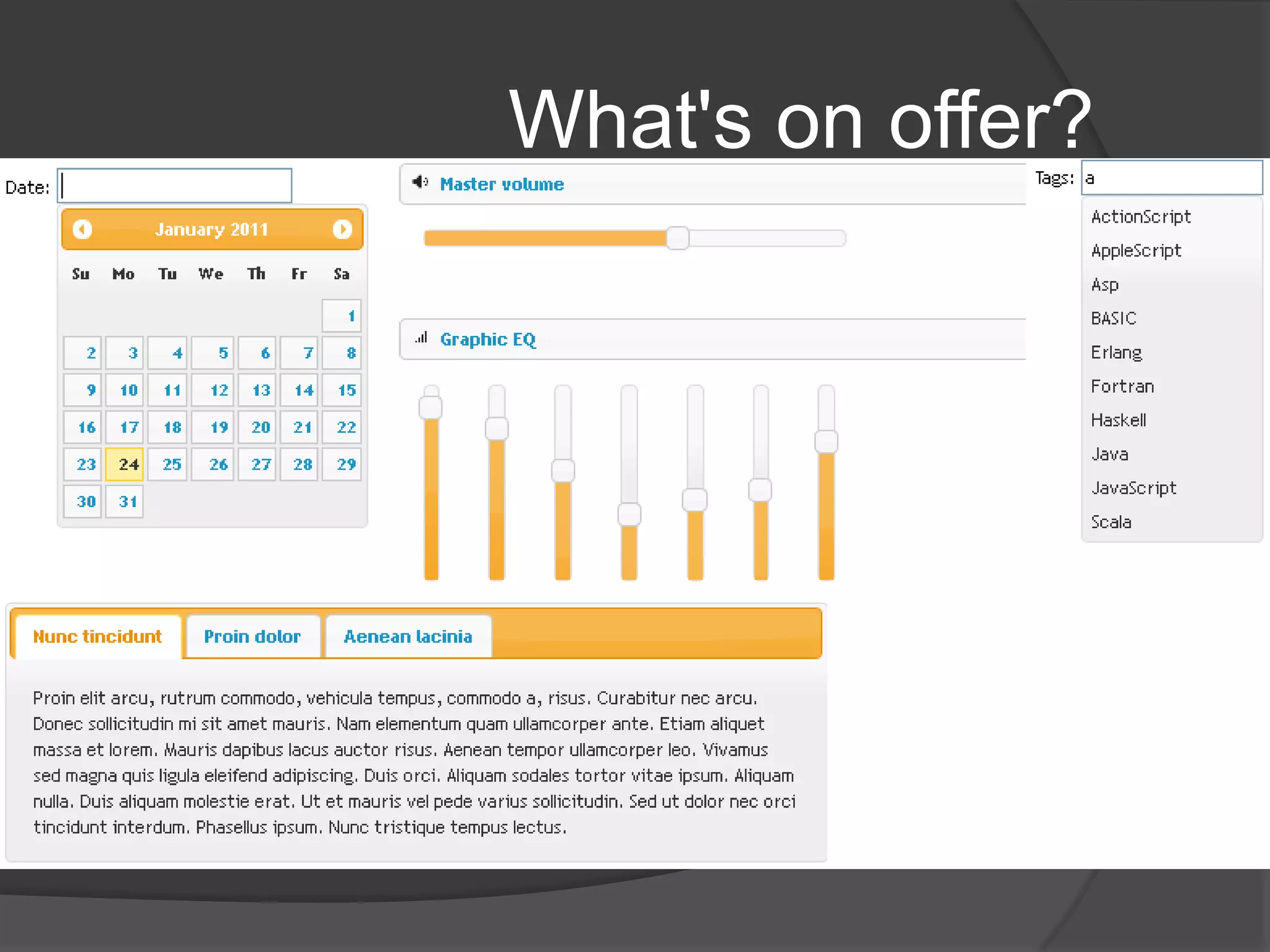 Ajax convenience methods // get plain text or html$.get(‘myservice.svc/GetAllData', { employeeID: 1234 }, function(resp) {    console.log(resp);});// get JSON-formatted data from the server$.getJSON(' myservice.svc/GetAllDataJSON', function(resp) {    $.each(resp, function(k, v) {        console.log(k + ' : ' + v);    });});