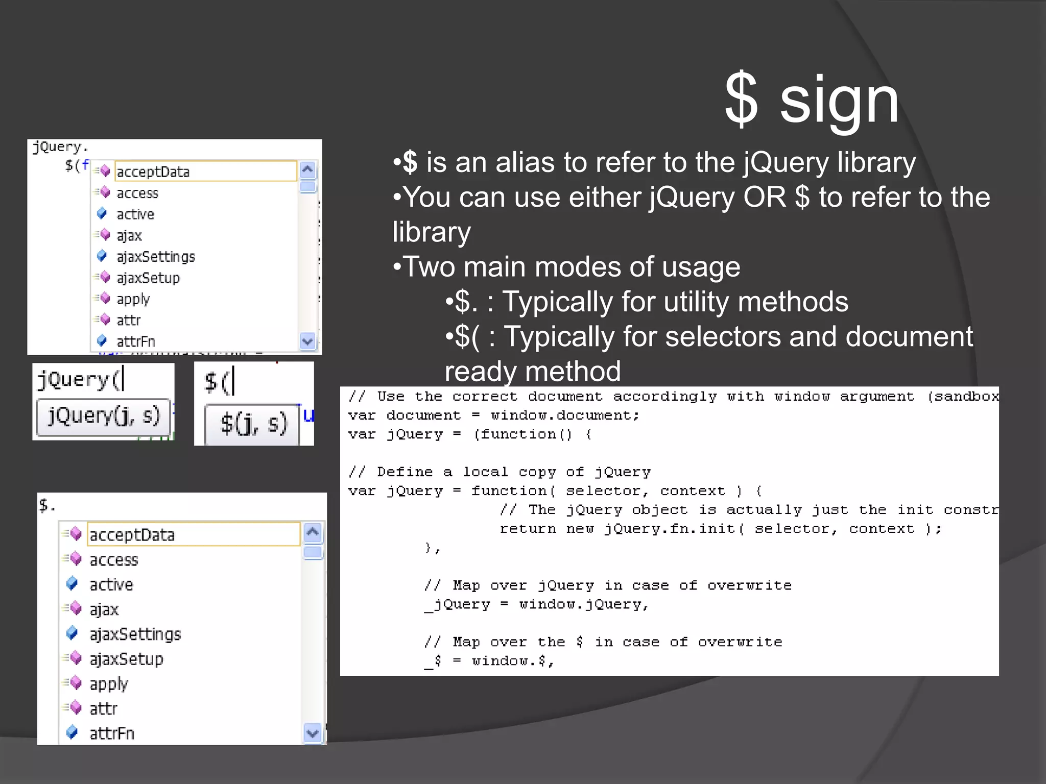$ sign$ is an alias to refer to the jQuery library