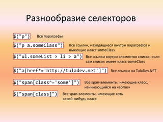 Преимущества jQuery Не пытается создать свой новый язык или вариант языка, но использует комбинацию CSS, HTML и классического JavaScript