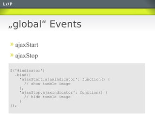 „global“ Events

  ajaxStart
  ajaxStop

$('#indicator')
  .bind({
    'ajaxStart.ajaxindicator': function() {
       // show tumble image
    },
    'ajaxStop.ajaxindicator': function() {
       // hide tumble image
    }
});
 