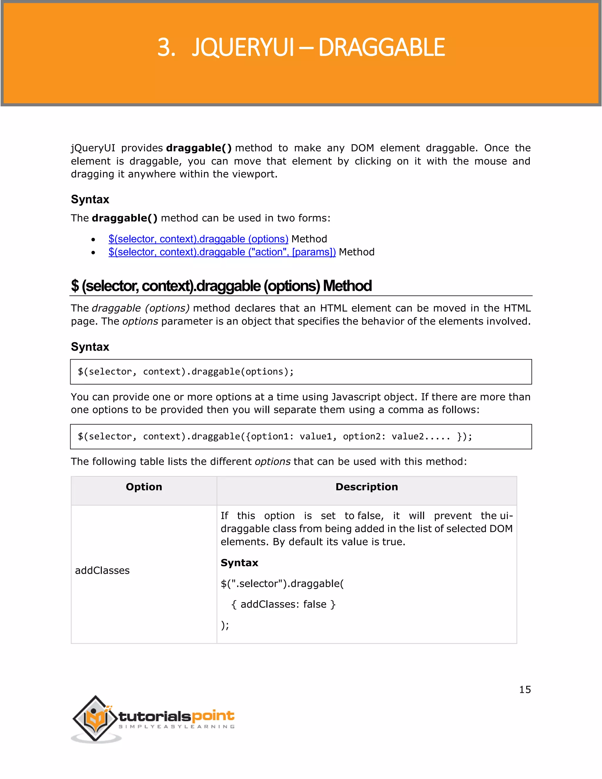 JQueryUI
15
jQueryUI provides draggable() method to make any DOM element draggable. Once the
element is draggable, you can move that element by clicking on it with the mouse and
dragging it anywhere within the viewport.
Syntax
The draggable() method can be used in two forms:
 $(selector, context).draggable (options) Method
 $(selector, context).draggable ("action", [params]) Method
$(selector,context).draggable(options)Method
The draggable (options) method declares that an HTML element can be moved in the HTML
page. The options parameter is an object that specifies the behavior of the elements involved.
Syntax
$(selector, context).draggable(options);
You can provide one or more options at a time using Javascript object. If there are more than
one options to be provided then you will separate them using a comma as follows:
$(selector, context).draggable({option1: value1, option2: value2..... });
The following table lists the different options that can be used with this method:
Option Description
addClasses
If this option is set to false, it will prevent the ui-
draggable class from being added in the list of selected DOM
elements. By default its value is true.
Syntax
$(".selector").draggable(
{ addClasses: false }
);
3. JQUERYUI – DRAGGABLE
 